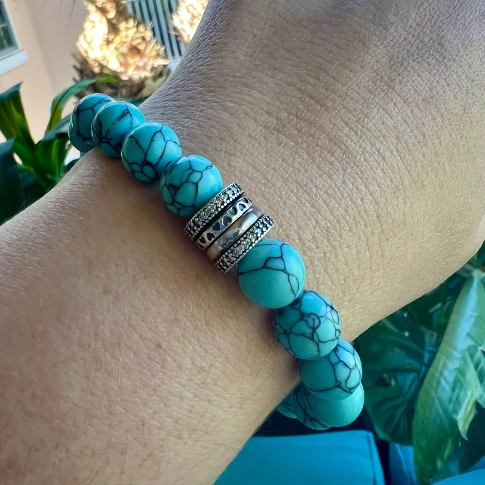 Turquoise Beaded Bracelet with S925 Barrel Charm